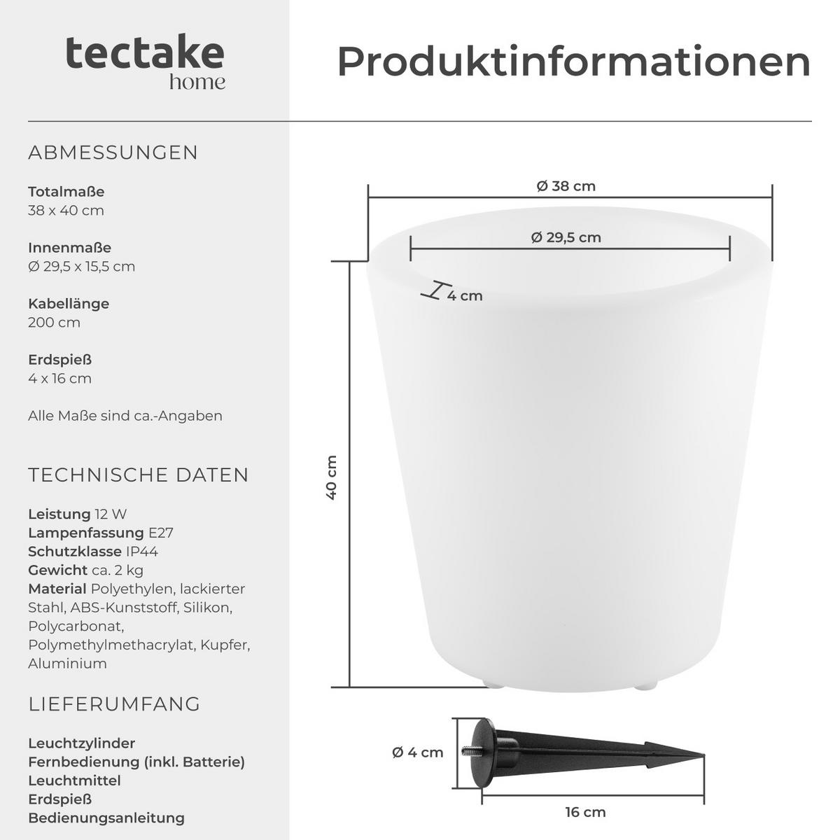 LEUCHTZYLINDER Luminous Curve Cooler,38 x 40 cm, inkl. Erdspieß,weiß - Weiß, Kunststoff (38/38/40cm) - tectake