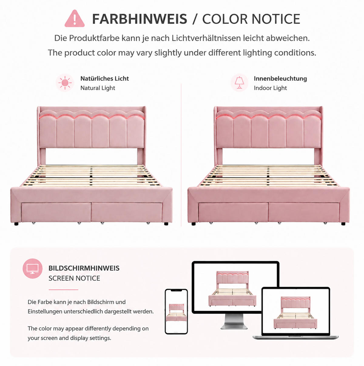 KINDER-POLSTERBETT aus Samt 140x200 cm Rosa mit Schubladen, Ablagefläche und App-LED-Beleuchtung - Pink, Textil (140/200cm) - Modfu