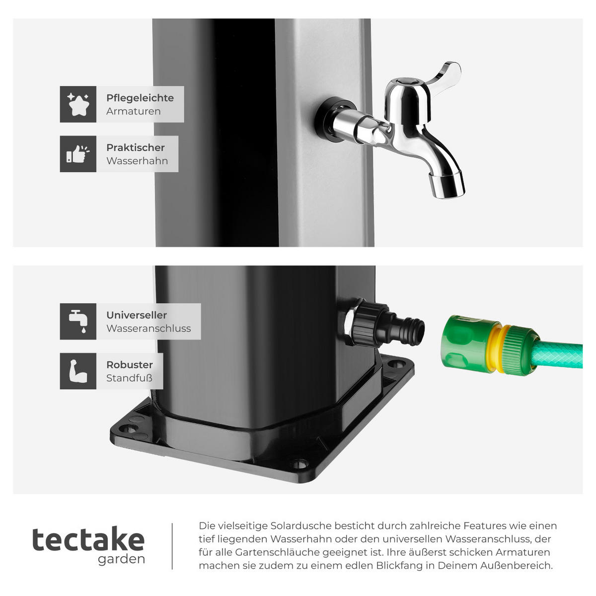 SOLARDUSCHE Ofanto,inklusive Wasserhahn,schwarz/silber - Silberfarben/Schwarz, Kunststoff (18/217/44.5cm) - tectake