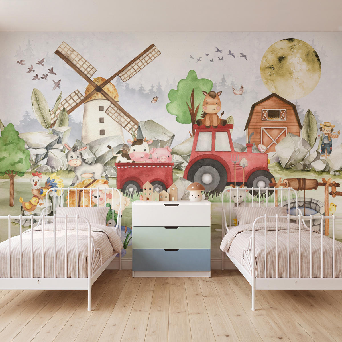 KINDERTAPETE - Bauernhof - Traktor - Kinder - Tiere - 400x280 cm - Weiß, Papier (400/280cm) - OnlyWow