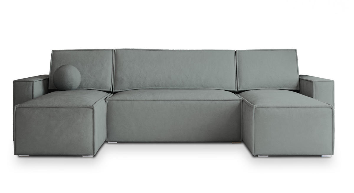 WOHNLANDSCHAFT PESANO M Grau Velours-Stoff mit Schlaffunktion - Grau, Holz (306/85/140cm) - MASSENO