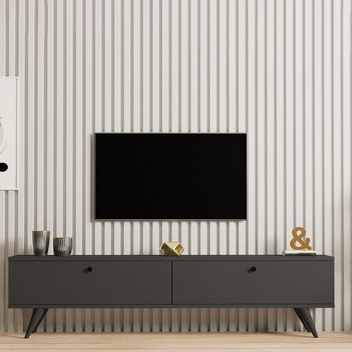 TV-MÖBEL mit 2 Türen aus Holz, L 160 cm - Yara - color_charcoal_grey - Anthrazit, Holz (160/40/25cm) - Drawer