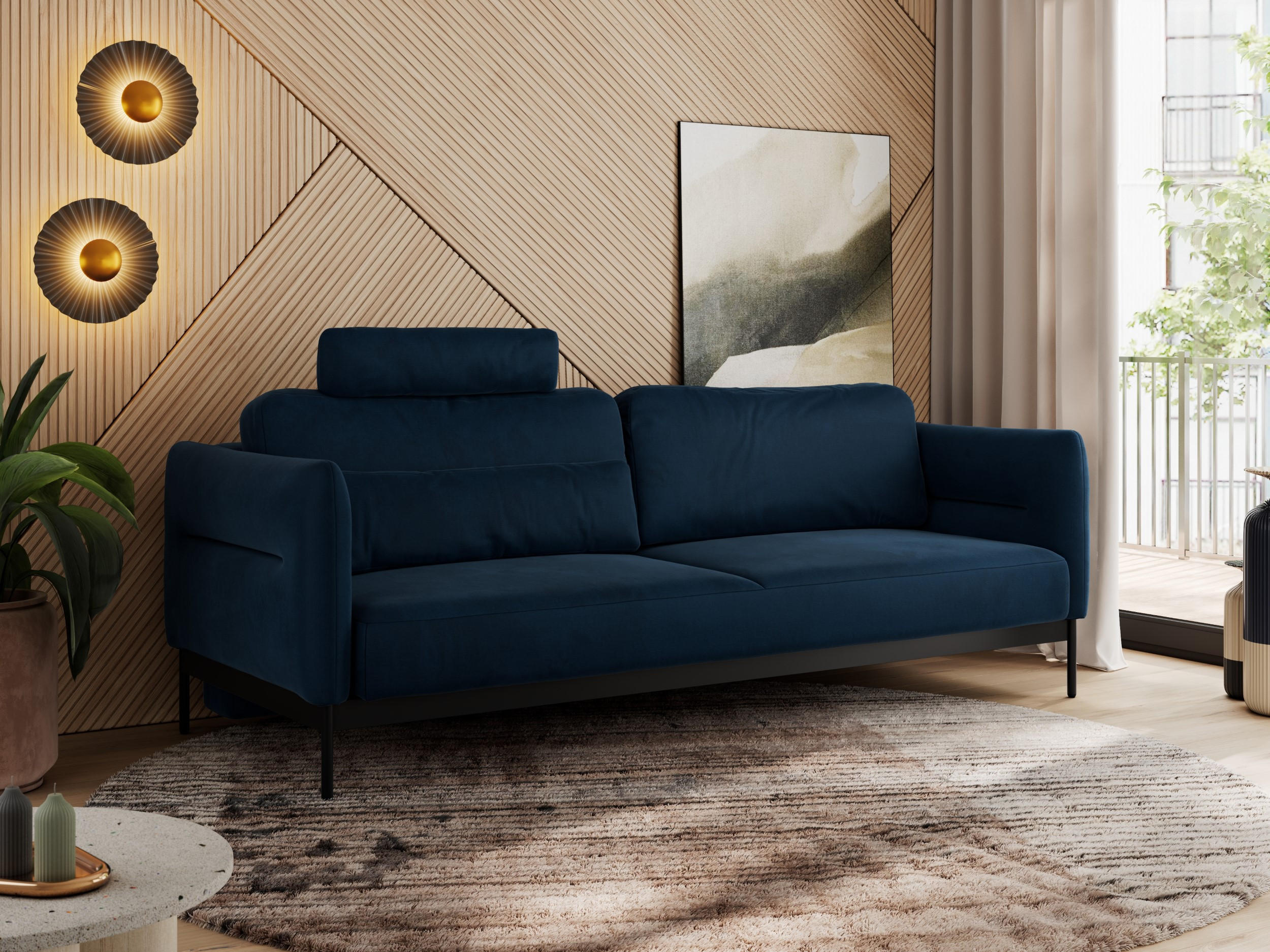 SOFA SALENTO Dunkelblau Velvet - Schwarz/Dunkelblau, Textil/Metall (221/82/101cm) - MKS