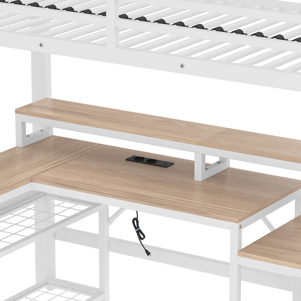 HOCHBETT 90x200cm Weiß Metall LED-Licht Schreibtisch USB - Weiß, Metall (90/200cm) - FLIEKS