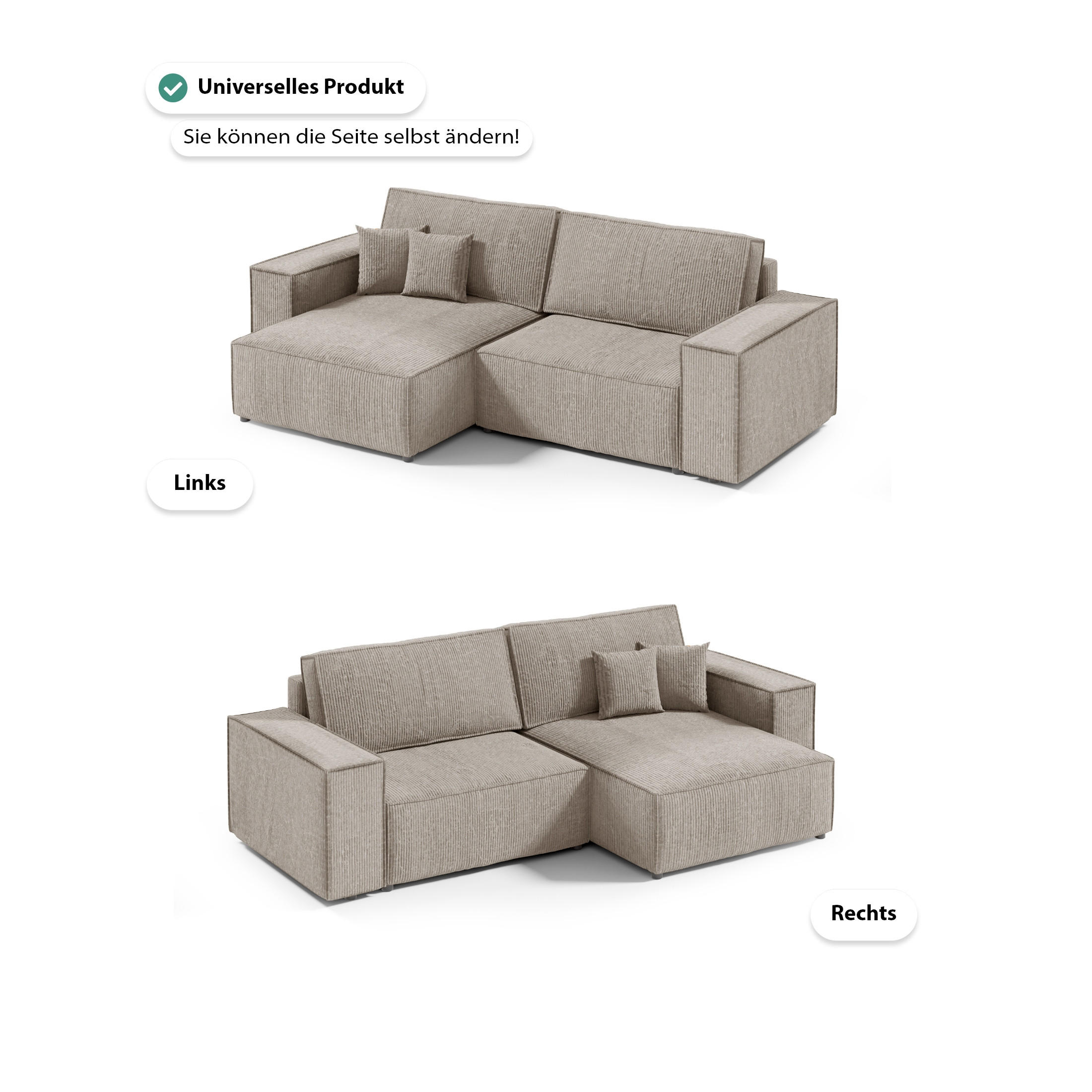 ECKSOFA Schlaffunktion Sekwana mini Beige - Beige, Textil (148/257cm) - Fedve