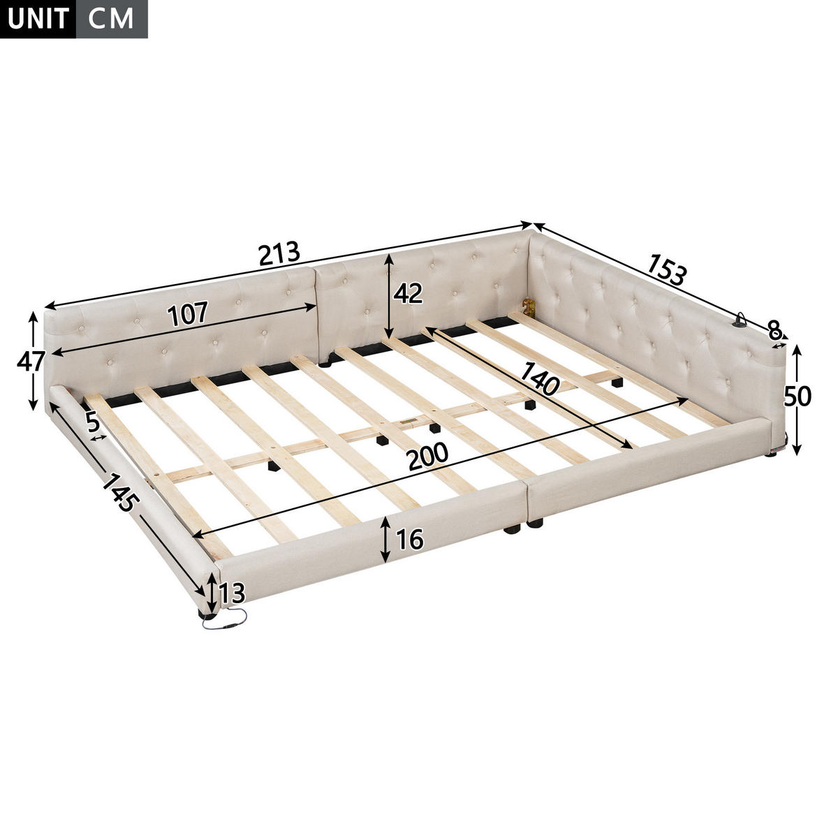 POLSTERBETT 140/200 cm aus Leinen mit LED-Beleuchtung und USB- und Type-C-Anschlüssen - Beige, Textil (140/200cm) - Flora Grace