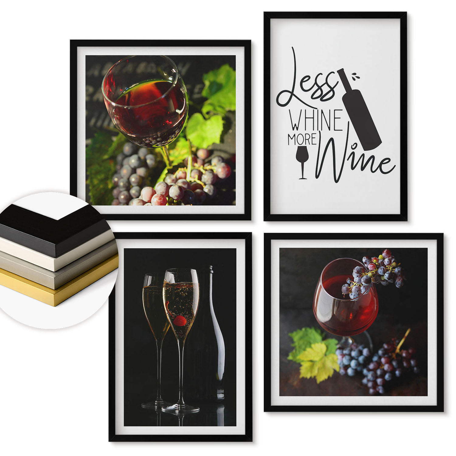 WANDBILDER 4er-Set - 50x50 cm & 40x60 cm Schwarzer Rahmen - Weingläser mit Trauben und Inschrift - Schwarz, Kunststoff (50/50cm) - ArtPrintCave