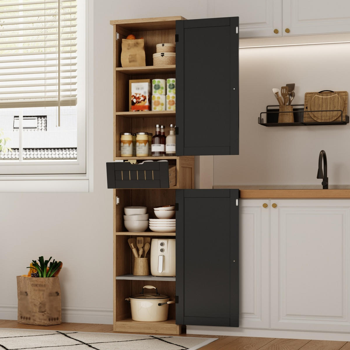 GESCHIRRSCHRANK 170 cm MDF Natur Schwarz mit Türen und verstellbaren Böden - Schwarz, Holzwerkstoff (30/170/40cm) - Korfee