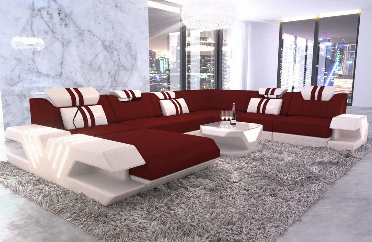 WOHNLANDSCHAFT Venedig Dunkelrot Weiß Mikrofaserstoff - Dunkelrot, Kunststoff (373/80/288cm)