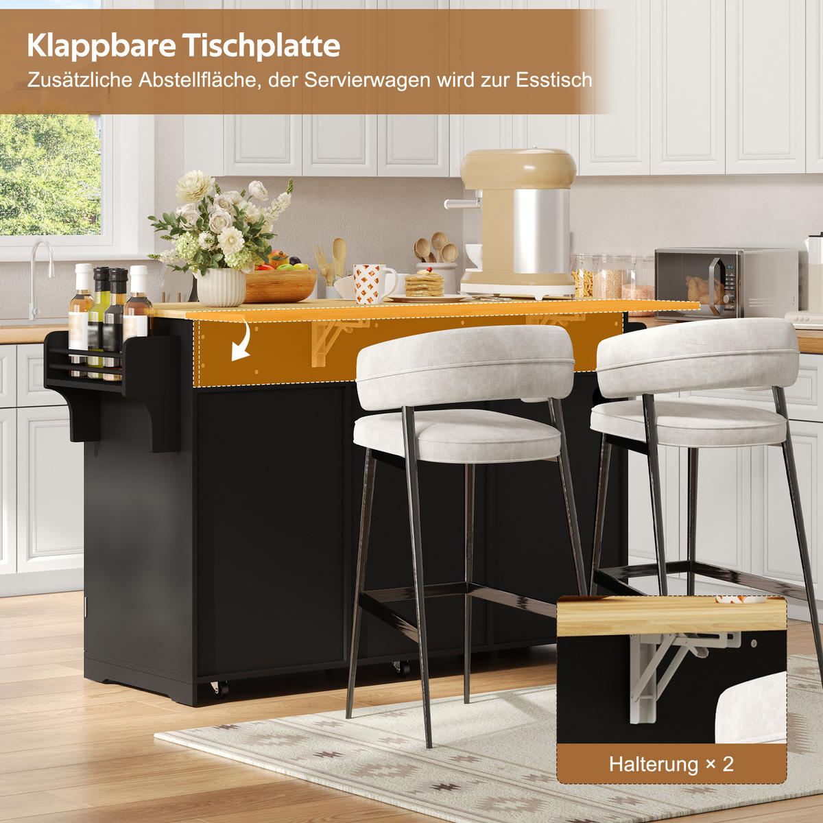 KÜCHENINSEL DE-41372 136/50-75/92 cm, klappbare Arbeitsplatte und Mülleimerschrank Schwarz - Schwarz, Holzwerkstoff (136/92/75cm) - ComfortXL