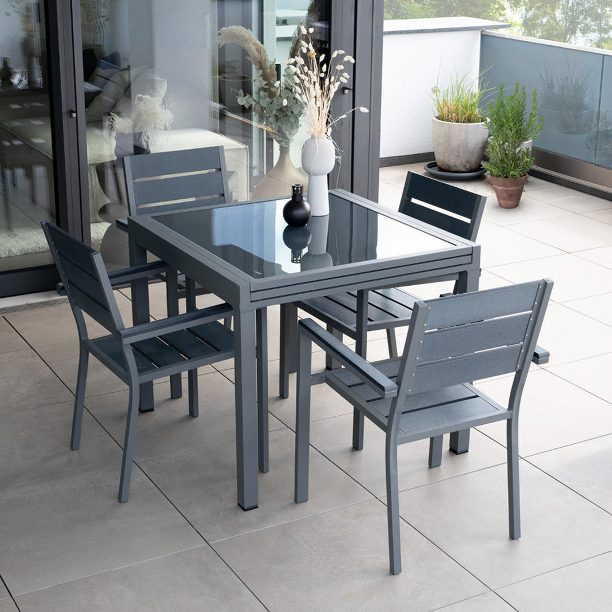 SITZGRUPPE VERANO MADERA - 3 tlg. - Anthrazit/Hellgrau, Glas/Metall - Home Deluxe