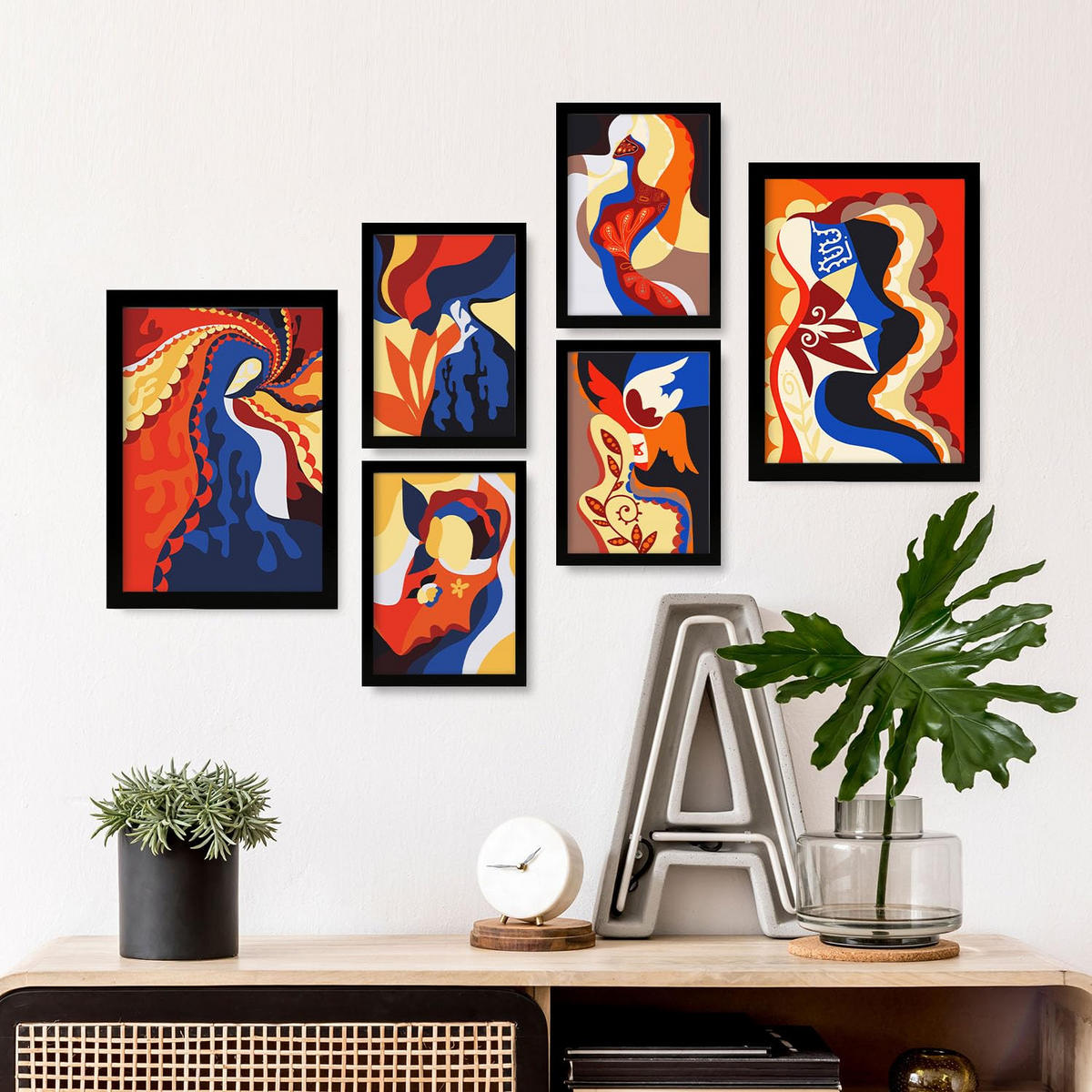 POSTER Set Mit 6 Verlockender Charme In Weibliche Zusammenfassung Ästhetische Dekorative Gemälde Für Ihr Wohnzimmer Zuhause A3 & A4 Schwarzer Rahmen - Schwarz, Papier (29/3cm) - Nacnic