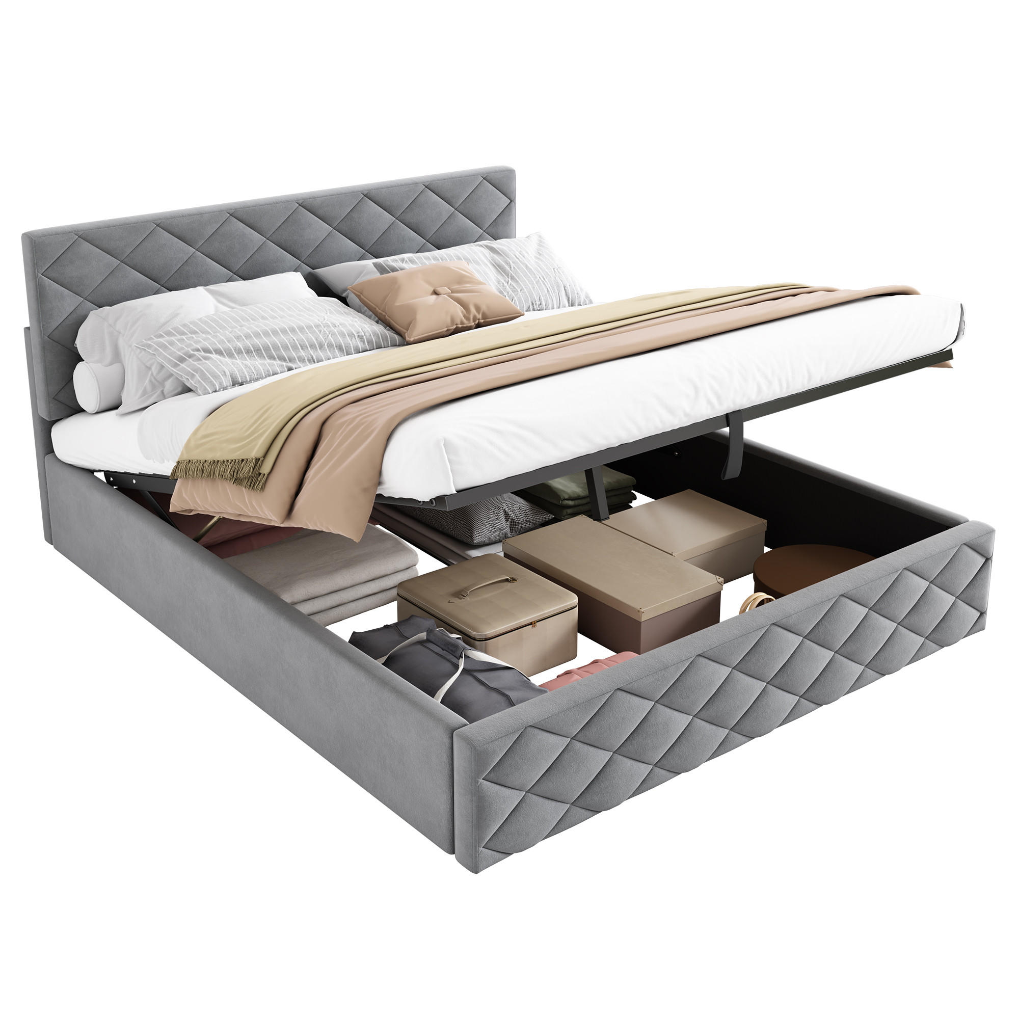 POLSTERBETT 140/200 cm Grau mit hydraulischem Funktionsbett und Stauraum - Grau, Textil (140/200cm) - OKWISH