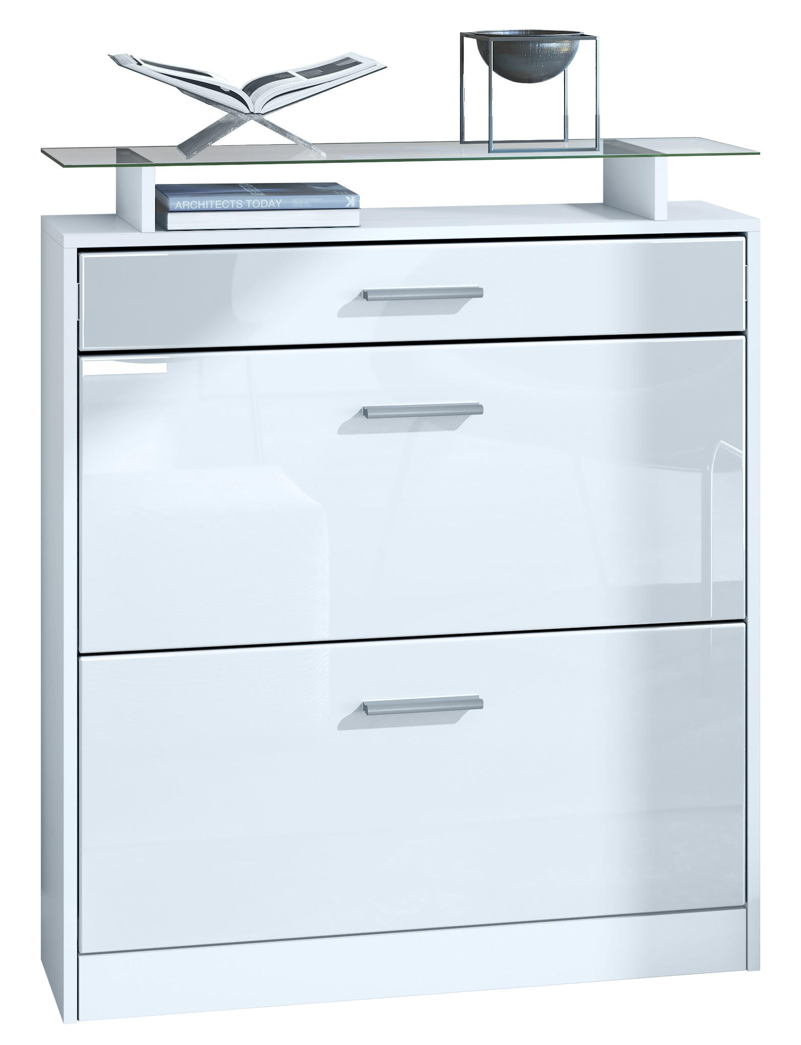 Vladon SCHUHSCHRANK Weiß Hochglanz 89cm × 23cm × 104cm