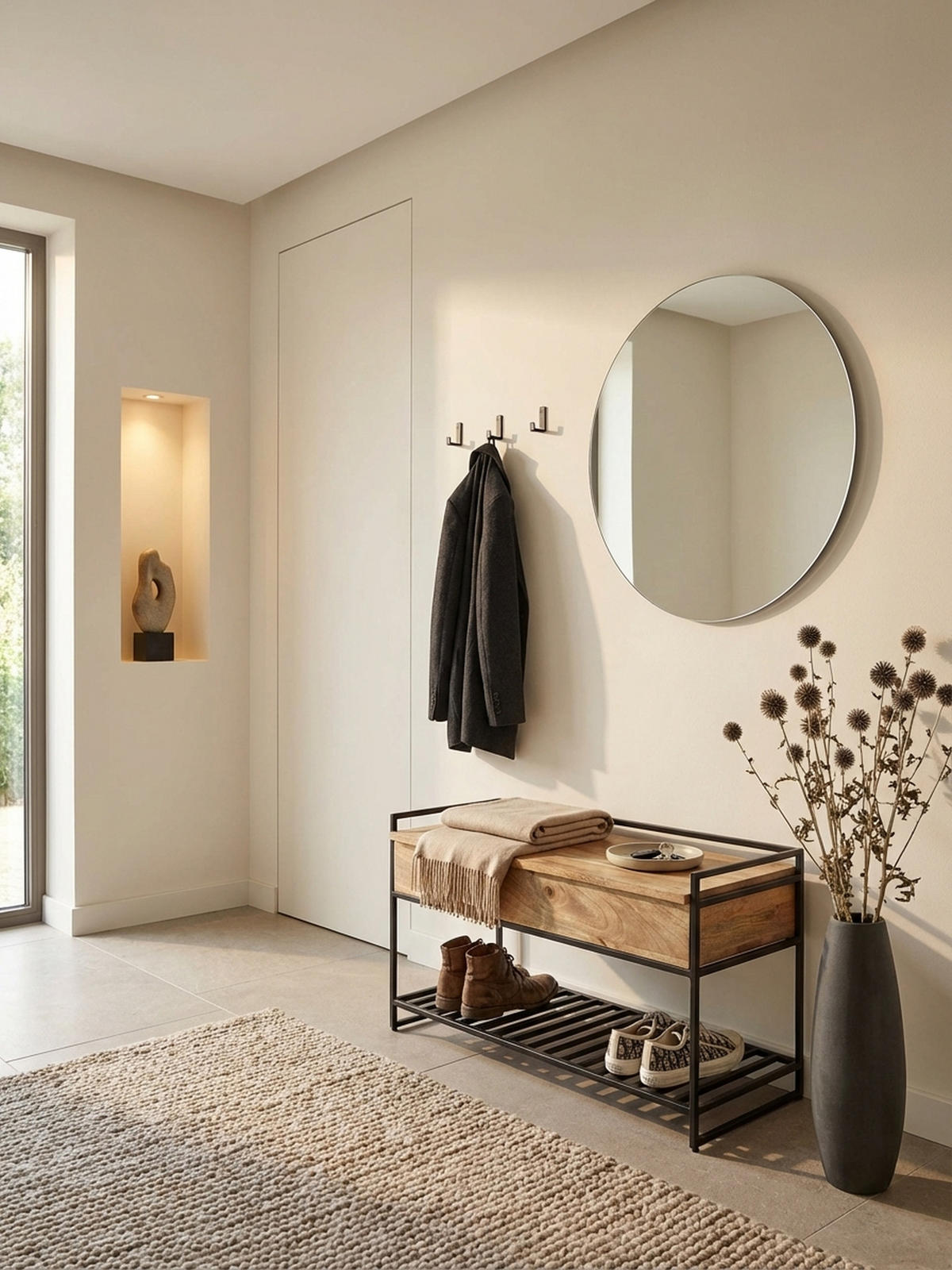FLURBANK Holz Metall Sitzfläche hochklappbar, Beige 90x38x52 cm - Beige/Schwarz, Holz/Metall (90/52/38cm) - KADIMA DESIGN
