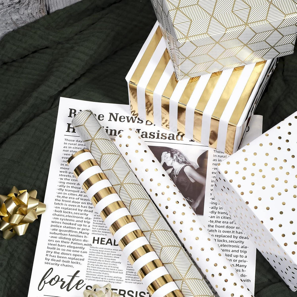 GESCHENKPAPIER 3-teiliges Set Gold/Weiß 43,2 cm x 3,05 m - Multicolor, Papier (43.2/43.2/43.2cm)