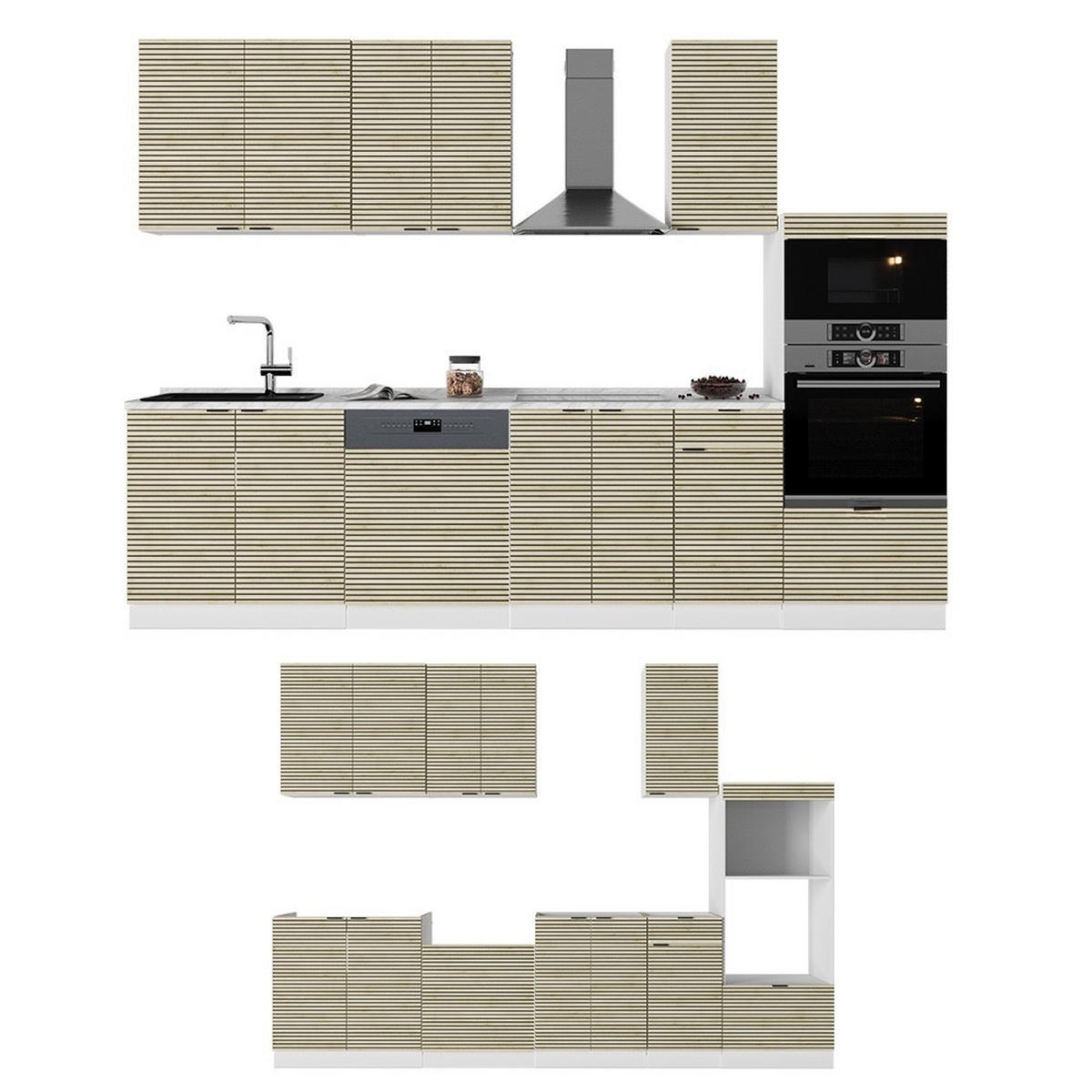 KUHINJSKI BLOK Fame-Line Hrastova plošča/bela 300 cm z visoko omaro, brez delovne plošče - barve hrasta/bela, leseni material (300/153.6/46cm) - Vicco