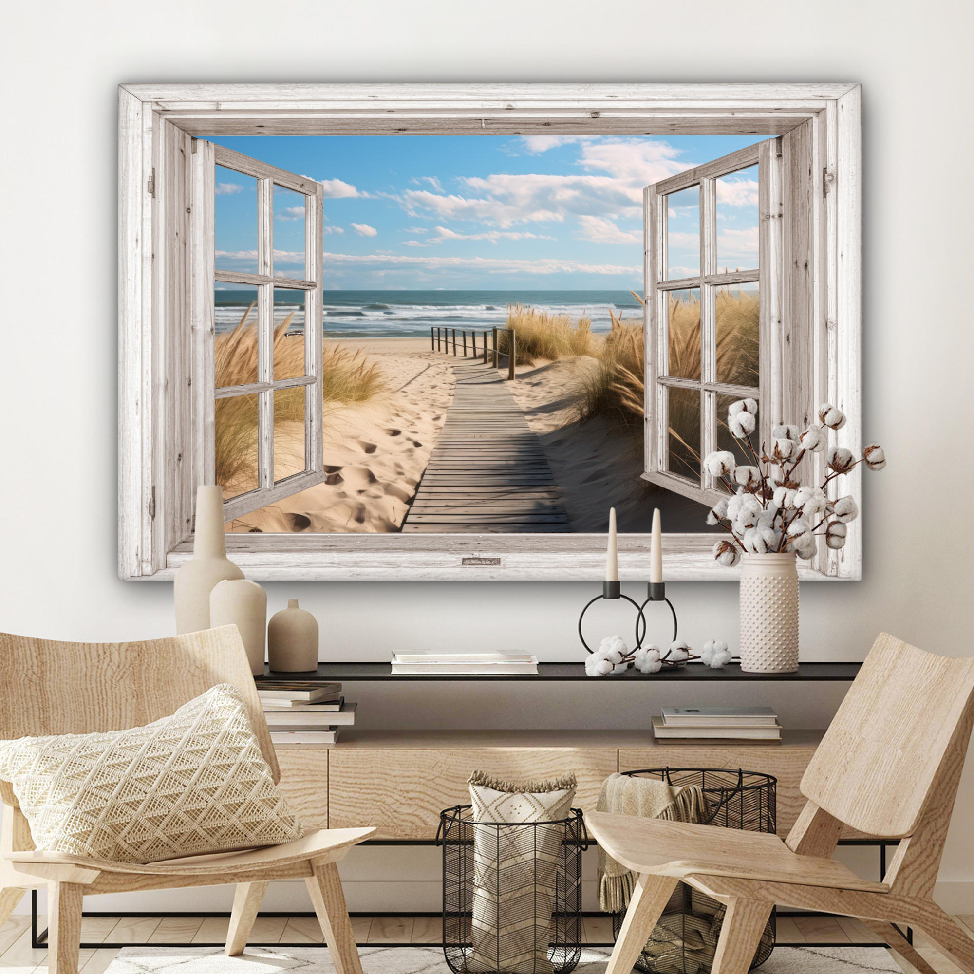 LEINWANDBILD Fenster - Meer - Küste - Natur - Ausblick - Strand - Wattenmeer Wohnzimmer 120x80 cm - Beige, Textil (120/80cm) - MuchoWow