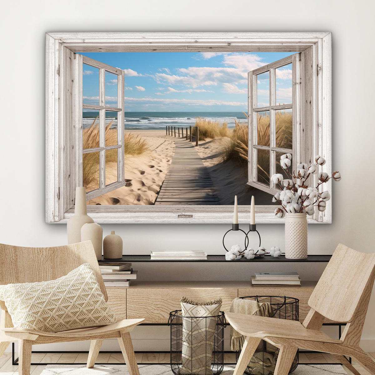 LEINWANDBILD Fenster - Meer - Küste - Natur - Ausblick - Strand - Wattenmeer Wohnzimmer 120x80 cm - Beige, Textil (120/80cm) - MuchoWow