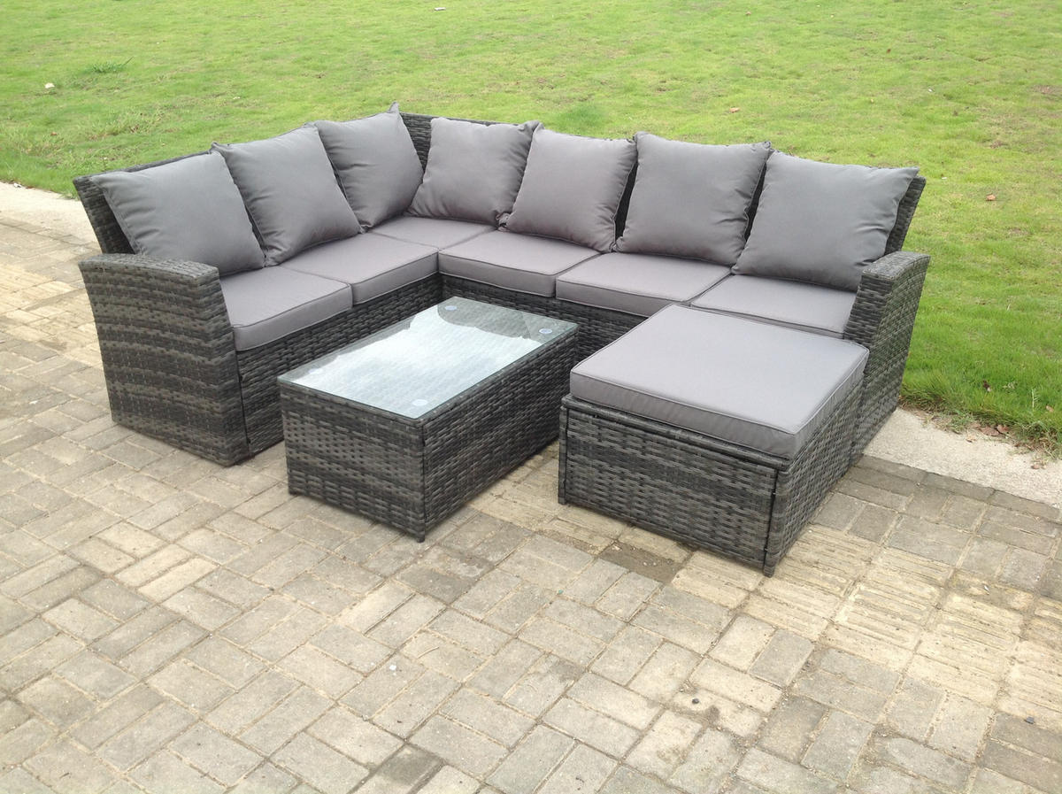 LOUNGESOFA-SET Polyrattan Dunkelgrau 5-Sitzer - Dunkelgrau/Grau, Glas/Kunststoff - Fimous