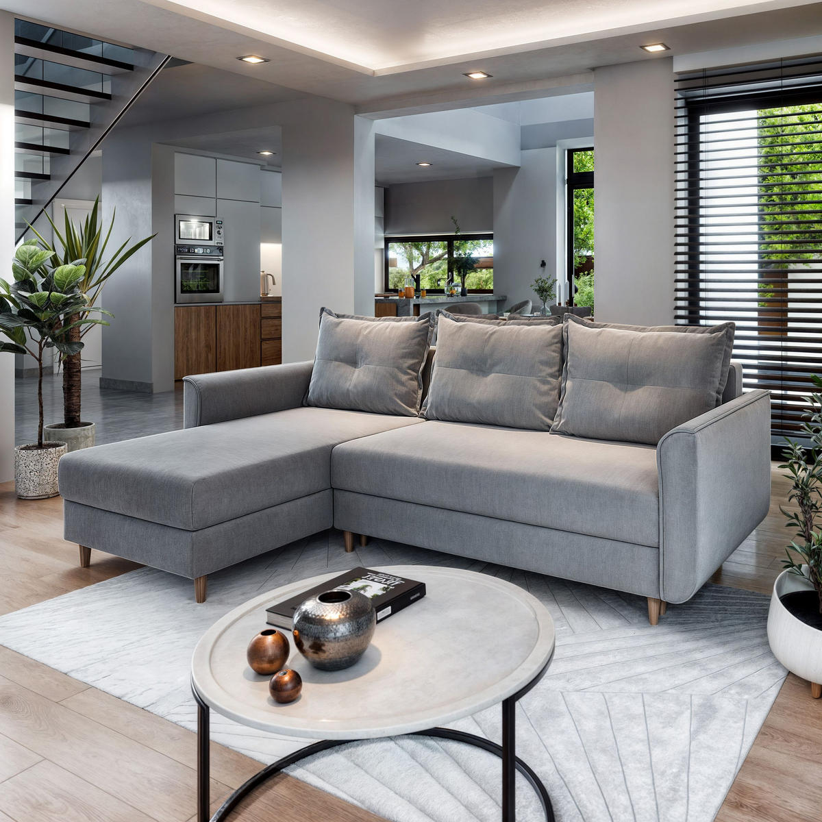 ECKSOFA PISAN R-S Hellgrau Plüsch-Stoff mit Schlaffunktion - Hellgrau, Holz (220/140cm) - MASSENO
