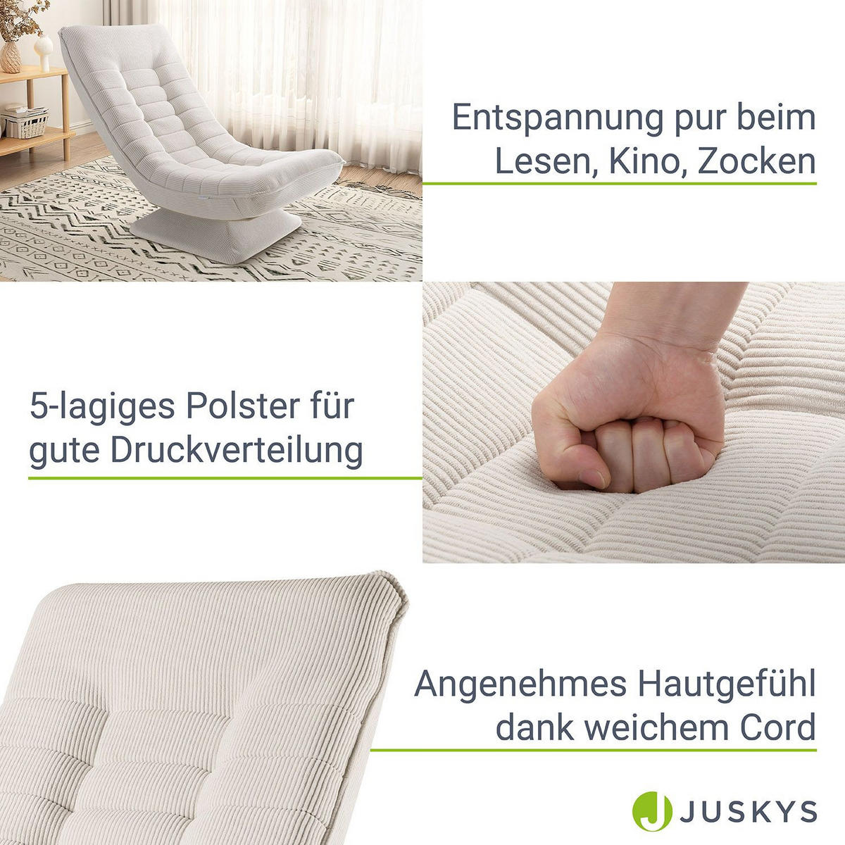 RELAXSESSEL Korsika Cord beige - Beige, Textil (58/85/100cm) - Juskys