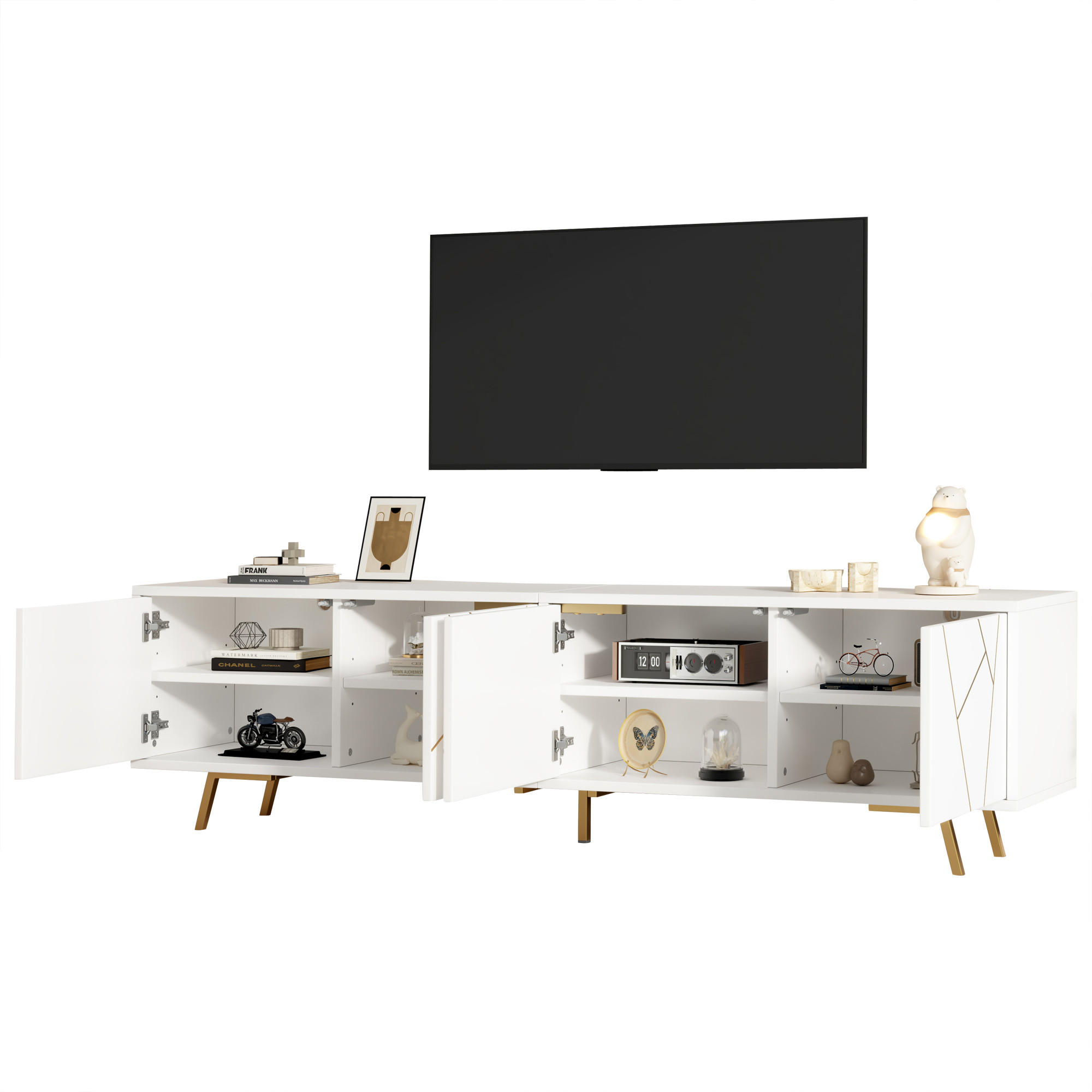 COMODĂ TV 190x40x51.5cm Alb Auriu 4 Uși
