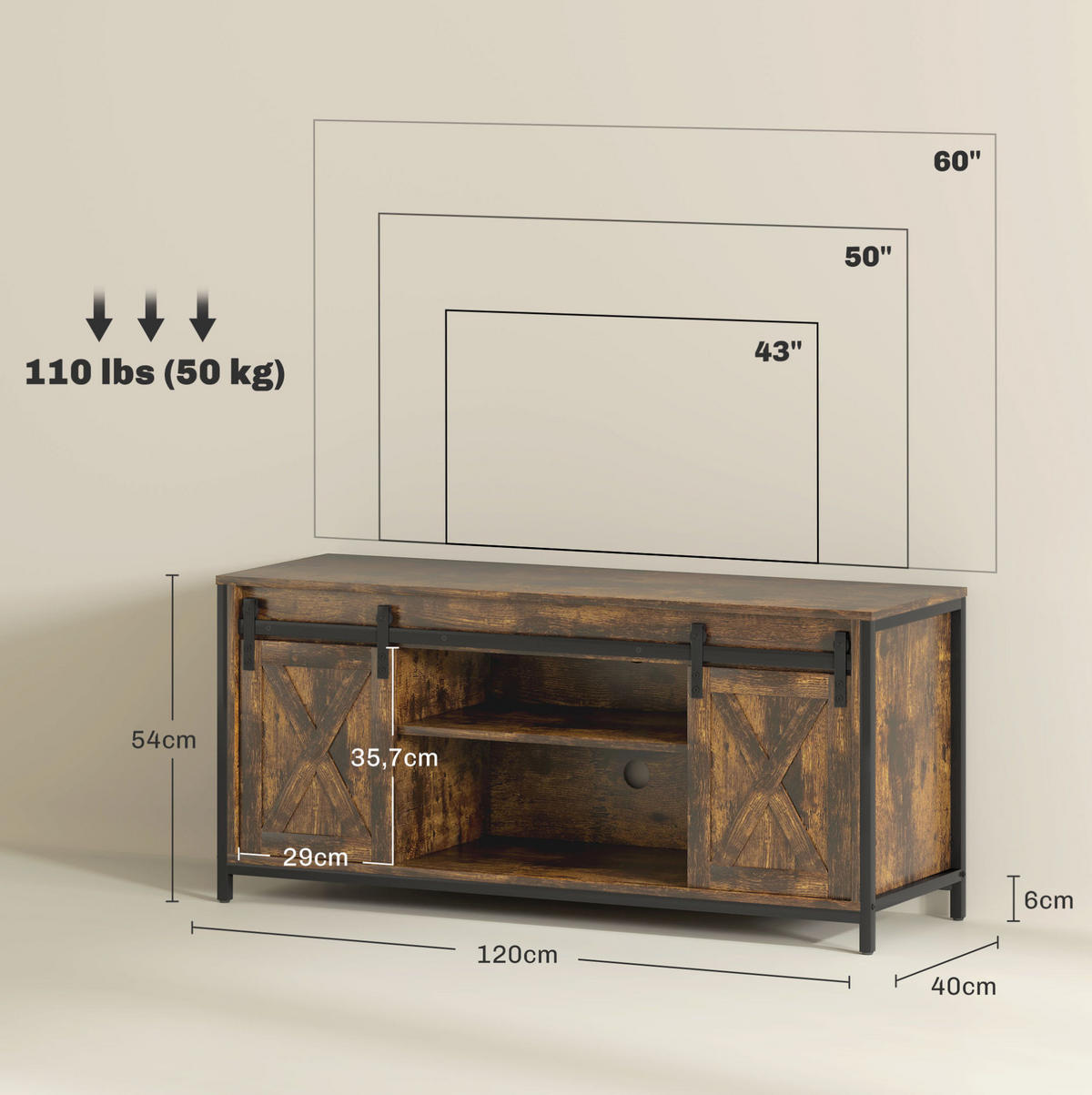 TV-LOWBOARD aus Sperrholz 120x40x54 cm Braun im Industrial-Stil mit Schiebetüren und Kabelmanagement - Braun, Holzwerkstoff (120/54/40cm) - IVMEU