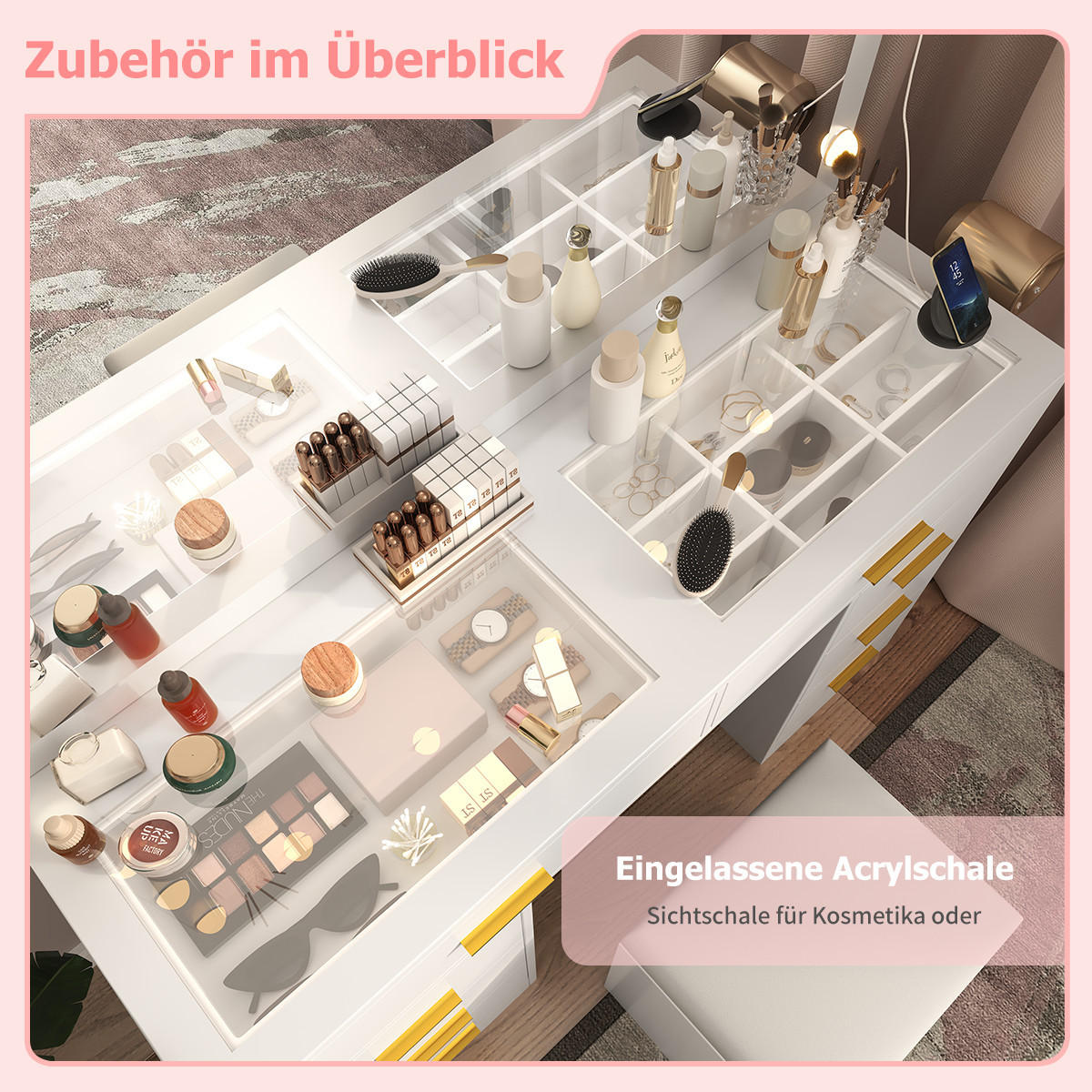 SCHMINKTISCH mit Spiegel und Aufbewahrungshocker, 113 x 40 x 140 cm, 3 verstellbare Farben, 12 Glühbirnen, mit 8 Schubladen und Steckdose - Weiß, Holzwerkstoff (40/140/113cm)