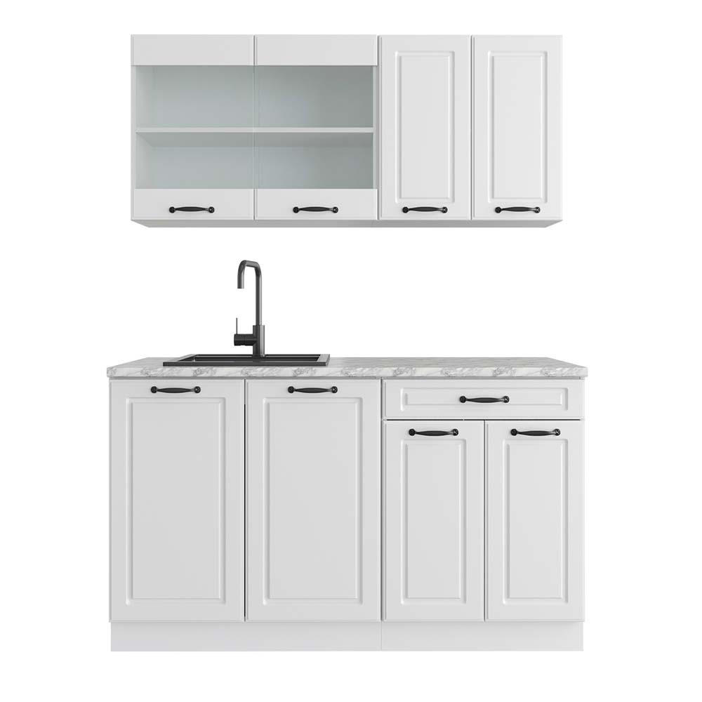 SINGLEKÜCHE R-Line Weiß Landhaus/Weiß 140 cm, AP Marmor - Weiß, Holzwerkstoff (140/81.6/60cm) - Vicco