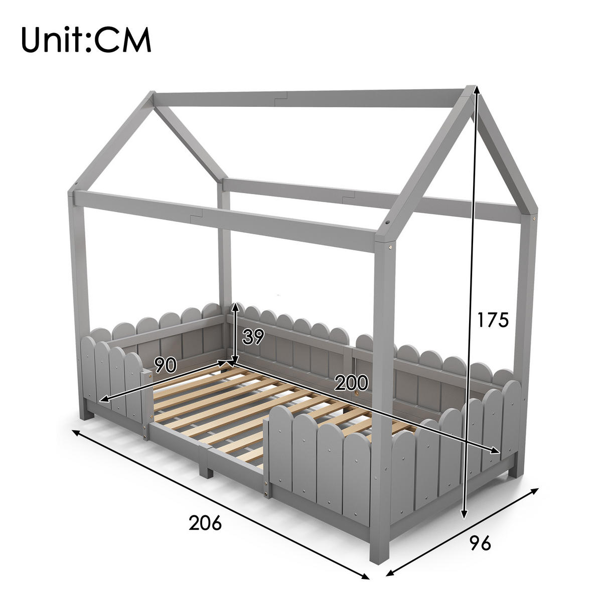 KINDERHAUSBETT 90/200 cm Grau aus Massivholz und MDF mit Rausfallschutz und Lattenrost - Grau, Holz (90/200cm) - OKMYHOME