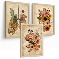POSTER Set aus 3 Anatomie Mensch Vintage Florale Drucke und Wandbilder mit Lungen Brustkorb und Gehirn Botanischer Antiker Stil Größe Rahmenlos A3 - Klar, Papier (29.7/42/3cm) - Nacnic