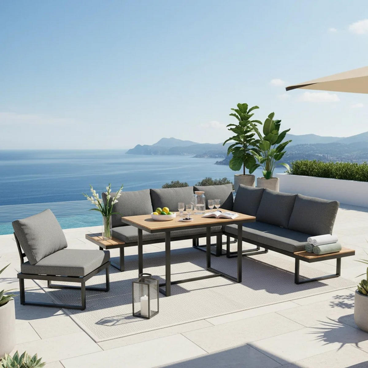 DINING-LOUNGESET Grau, 5-fach Neigung verstellbar - Grau, Textil - Kaket