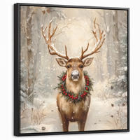 LEINWAND Bilder mit Rahmen - Weihnachten - Rentier - Winter - Kranz - 50x50 - Naturfarben, Textil (50/50cm) - MuchoWow