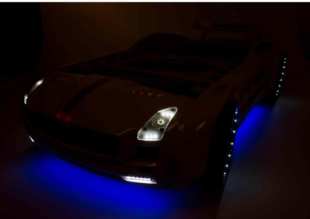 AUTOBETT Roadster Schwarz Kinderbett LED Sound Sportsitze Lattenrost Spoiler - Schwarz, Holzwerkstoff/Kunststoff (90/190cm) - Aileenstore