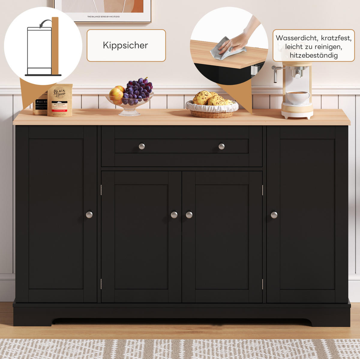 MODERNER Hochschrank aus MDF in Schwarz mit Schublade, Doppeltür und höhenverstellbaren Einlegeböden, Euro-Design, 138/40/85 cm, Schwarz - Schwarz, Holzwerkstoff (138/85/40cm) - Redom