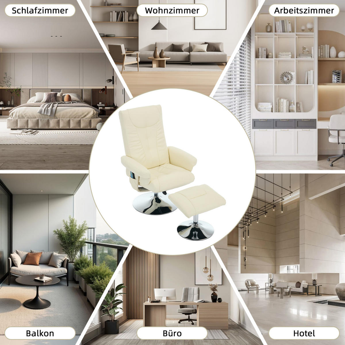RELAXSESSEL PU mit Massage und Sitzheizung inklusive Hocker 76/75/103 cm Beige - Beige, Kunststoff (75/103/76cm) - Redom