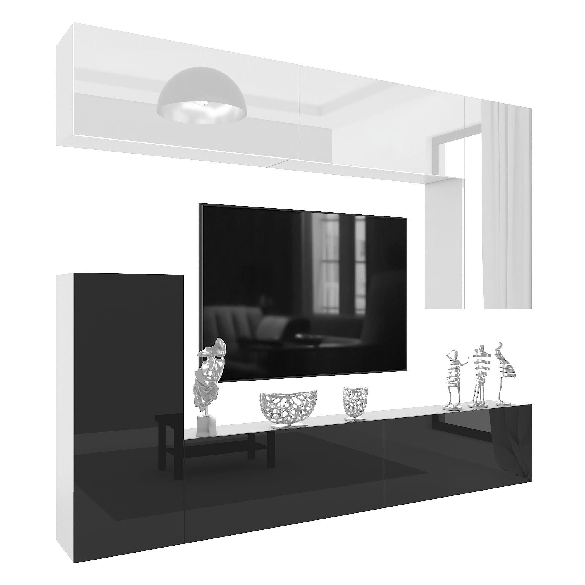 WOHNWAND Milano 8, Schwarz Hochglanz/Weiß Hochglanz, 250 cm, Grifflos - Weiß, Holz (250/115/36cm) - B BELINI GROUP