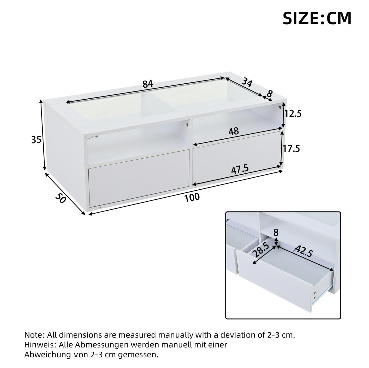 COUCHTISCH aus Glas und Spanplatte 100x50x35 cm in Weiß mit LED & 2 Schubladen - Weiß, Holzwerkstoff (100/50/35cm) - Modfu