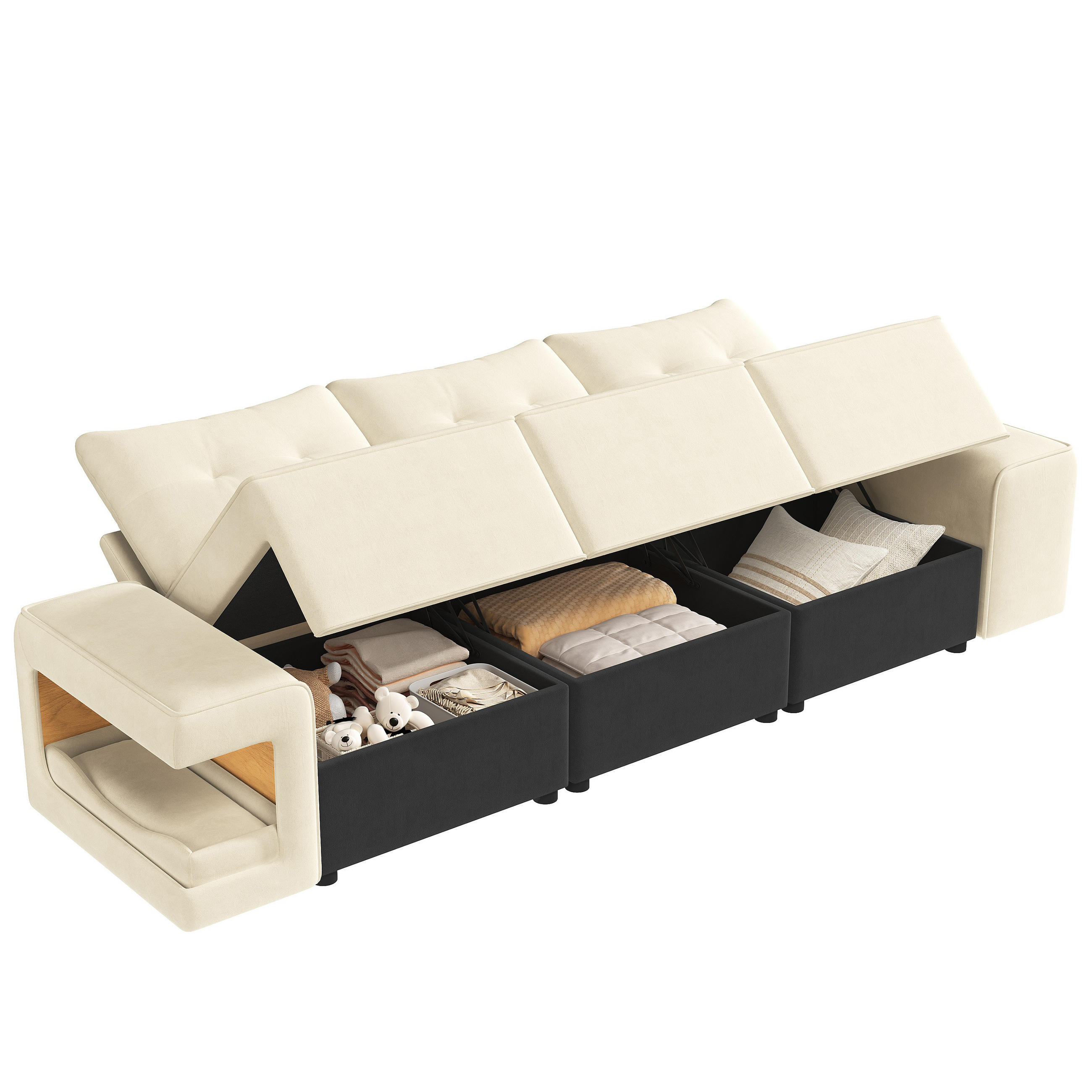 SOFA Beige 3 Sitzer Stauraum breite Armlehnen Kissen - Beige, Textil (78/84/229.5cm) - FLIEKS