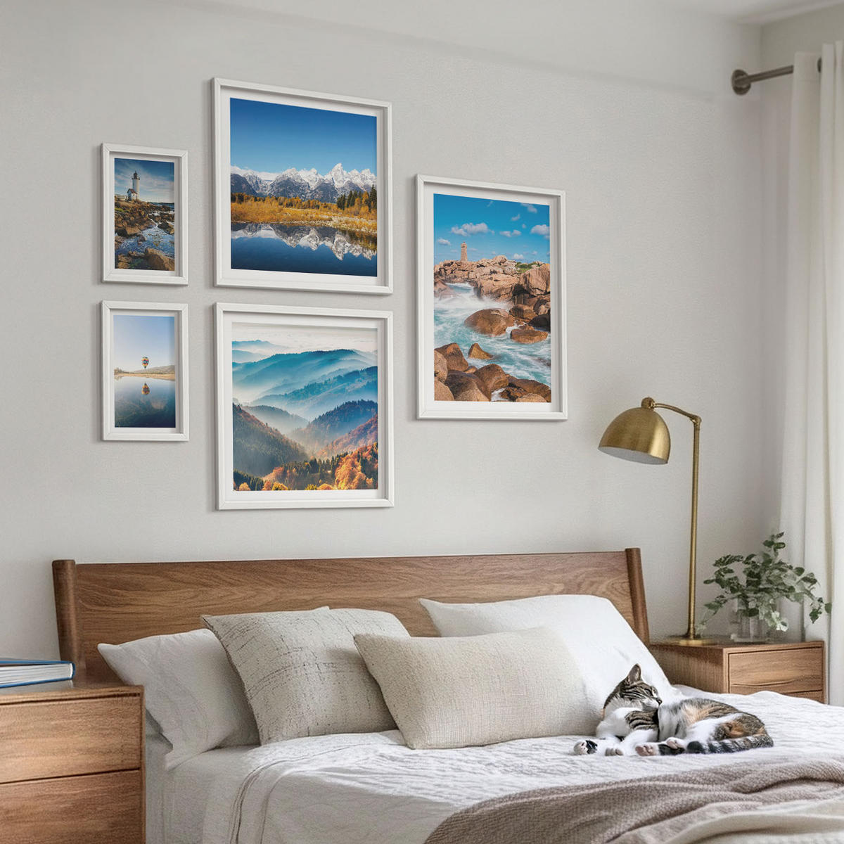 WANDBILDER 5er-Set - 50x50 cm & 20x30 cm & 40x60 cm Weißer Rahmen - Ausblicke auf die Natur, Leuchtturm, Berge - Weiß, Kunststoff (40/60cm) - ArtPrintCave
