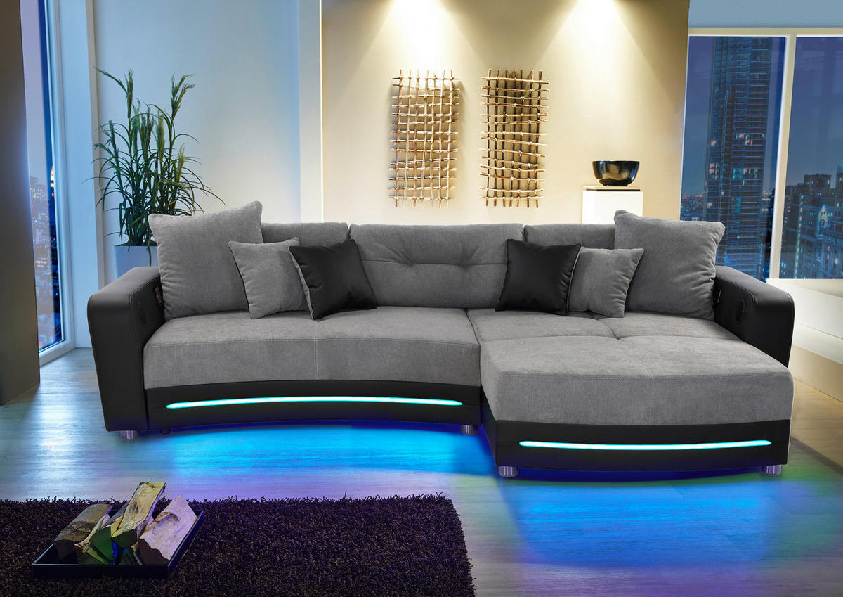 MULTIMEDIA-ECKSOFA Soundsystem RGB-LED Beleuchtung Bluetooth USB AUX-in,seitenverkehrt montierbar B322/T190/H88cm,Kunstleder Schwarz-Mikrof.Grau/15411 - Chromfarben/Schwarz, Textil/Metall (322/88/190cm) - luma-home