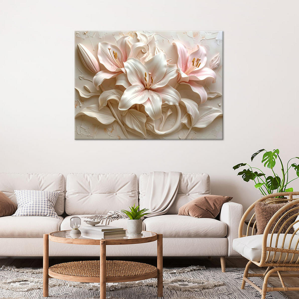 LEINWANDBILD, Weiße und rosa Blüten im Relief - Beige, Textil (60/40cm) - Feeby