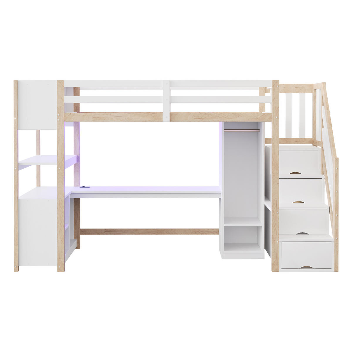 HOCHBETT 90/200 cm DE-01514, in Holzfarbe & Weiß, mit Kleiderschrank, Schreibtisch und LED-Lichtleiste - Naturfarben, Holz (90/200cm) - ComfortXL