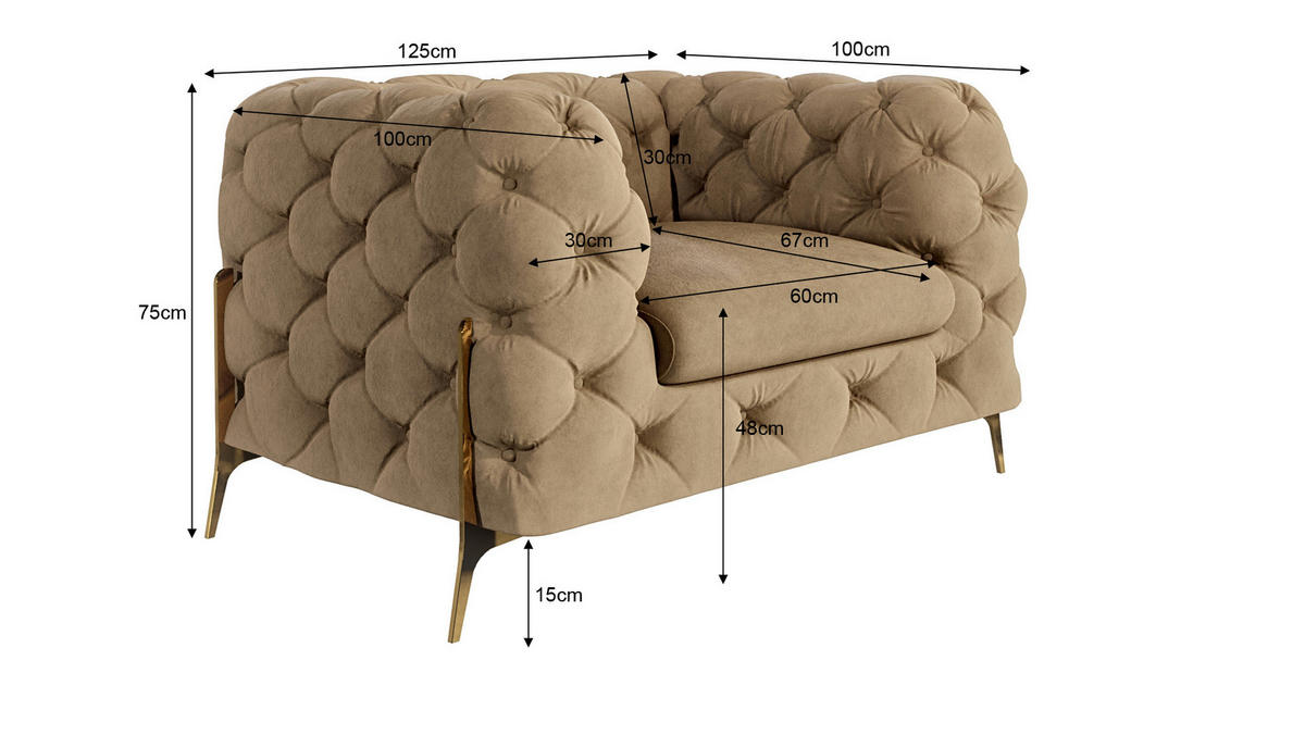 CHESTERFIELD-SESSEL Lexi Beige Samt - Beige/Goldfarben, Holz/Textil (125/75/100cm) - S-Style Möbel