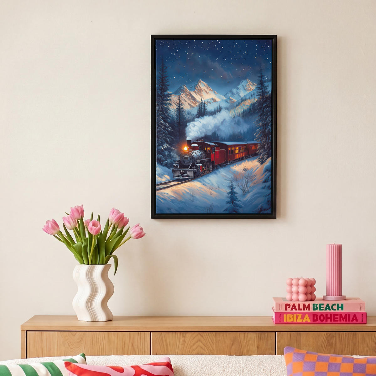 LEINWAND Bilder mit Rahmen - Zug - Weihnachten - Schnee - Weihnachtszug - 20x30 - Anthrazit, Textil (20/30cm) - MuchoWow