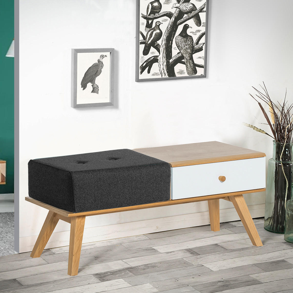 BANK mit Schublade und Kissen - L100 cm - Weiß, Holzwerkstoff (40/43/100cm) - Calicosy