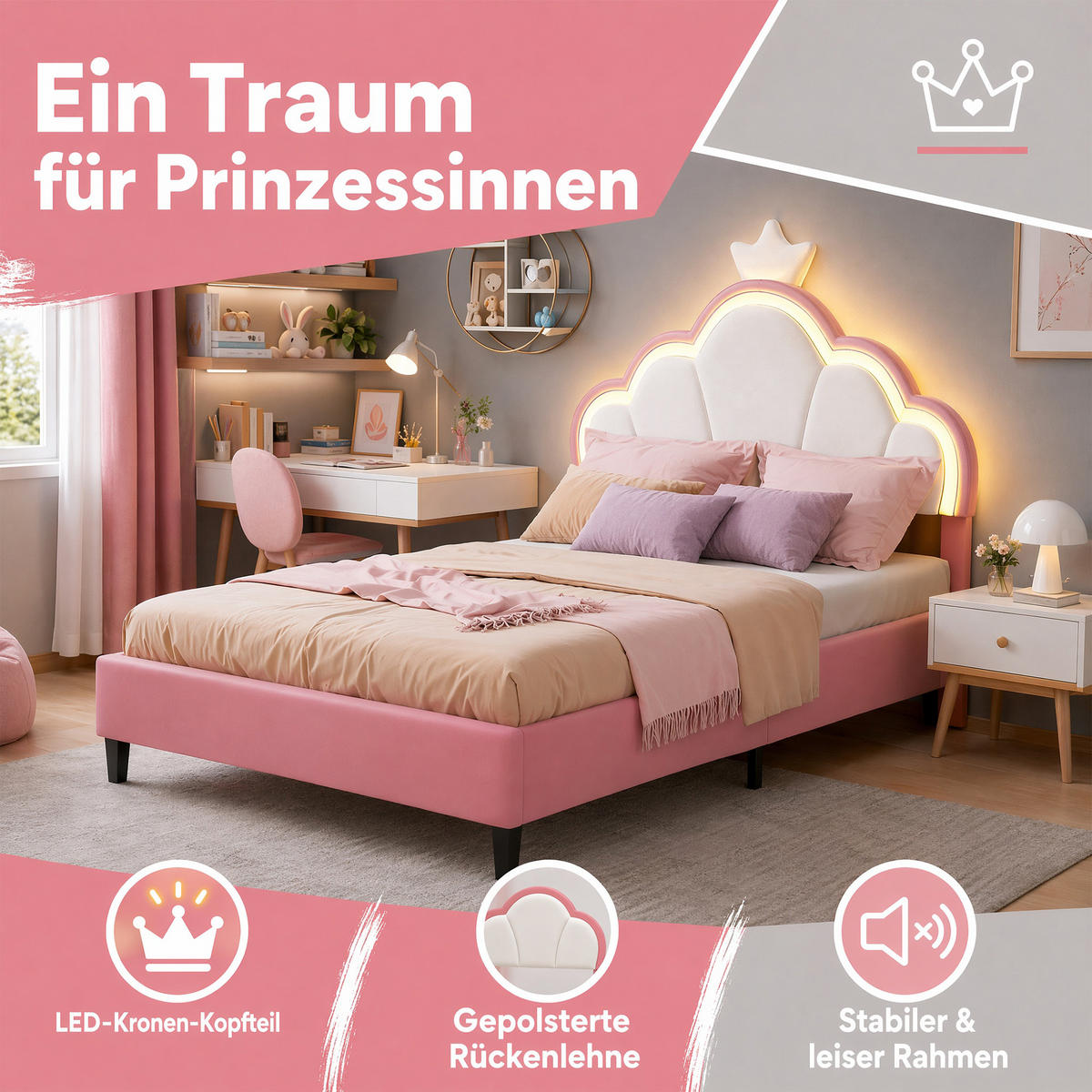 POLSTERBETT 90x200, Kinderbett mit Kopfteil und Lattenrost, LED, Samt, Rosa - Rosa, Holz/Textil (90/200cm) - GENKI LIVING