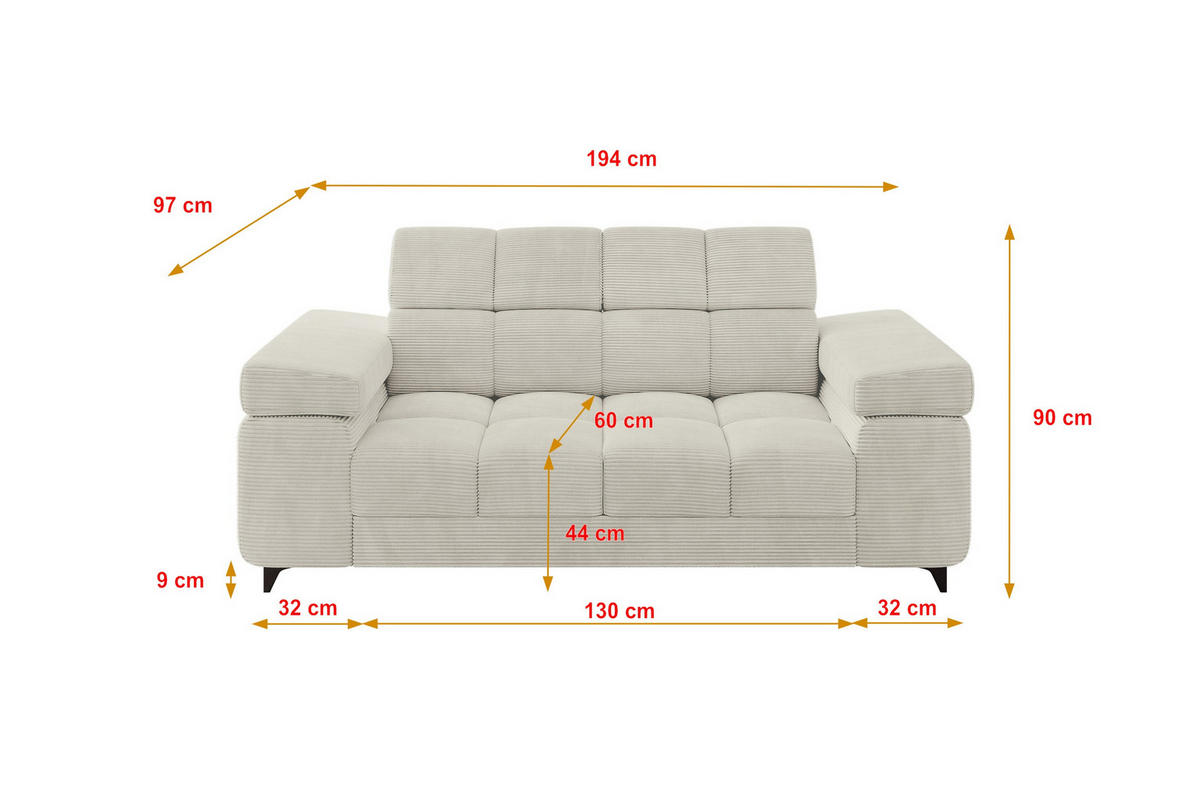 SOFA 2-Sitzer LORD-S1 194x97x90 cm Creme Cord - Creme, Holzwerkstoff/Textil (194/90/97cm) - ALTDECOR