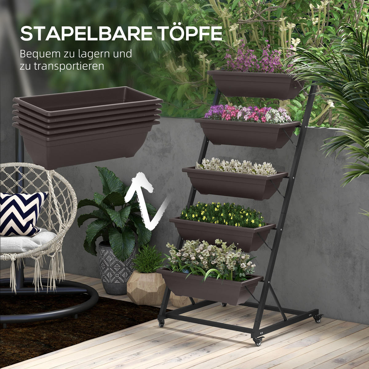 BLUMENTREPPE mit Rollen Braun 65/67/145 cm - Braun, Metall (67/145/65cm) - Outsunny